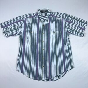 Honors Mens Medium Striped Button Up Shirt Short Sleeve Cotton Vintage Blue